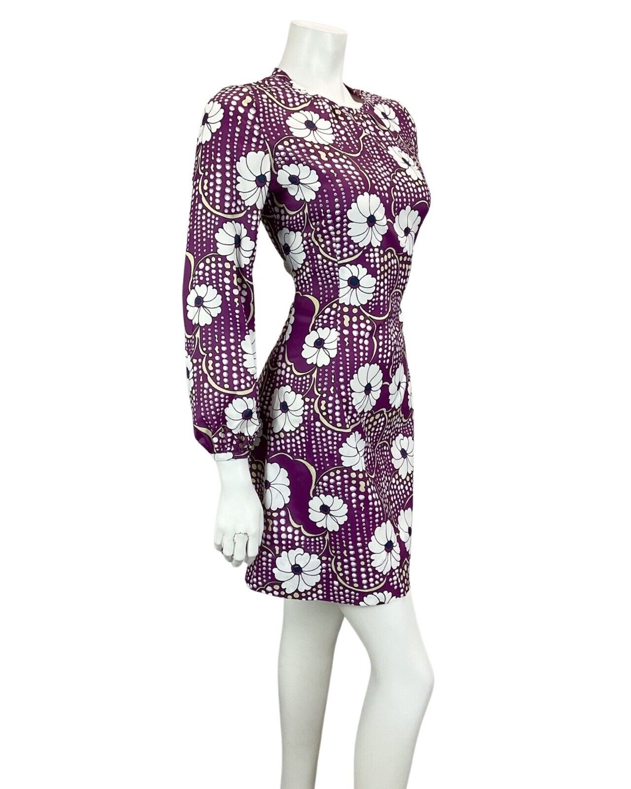 VINTAGE 60S 70S PURPLE WHITE FLORAL PRINT BOHO MOD MINI DRESS 10