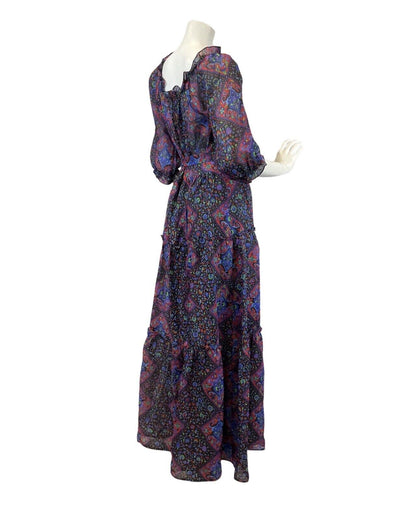 VINTAGE 60s 70s BLACK PURPLE BLUE GEOMETRIC FLORAL SHEER TIERED MAXI DRESS 10 12