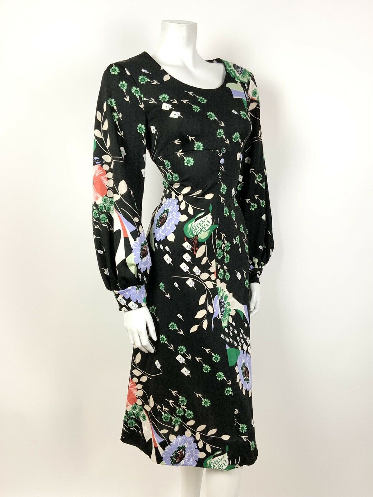 VINTAGE 60s 70s BLACK GREEN PURPLE PINK FLORAL PUFF SLEEVE DRESS 12 14