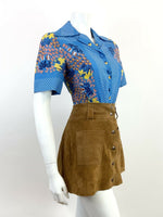 VTG 60s 70s BLUE YELLOW ORANGE FLORAL PSYCHEDELIC CHECKED DAGGER BLOUSE TOP 12