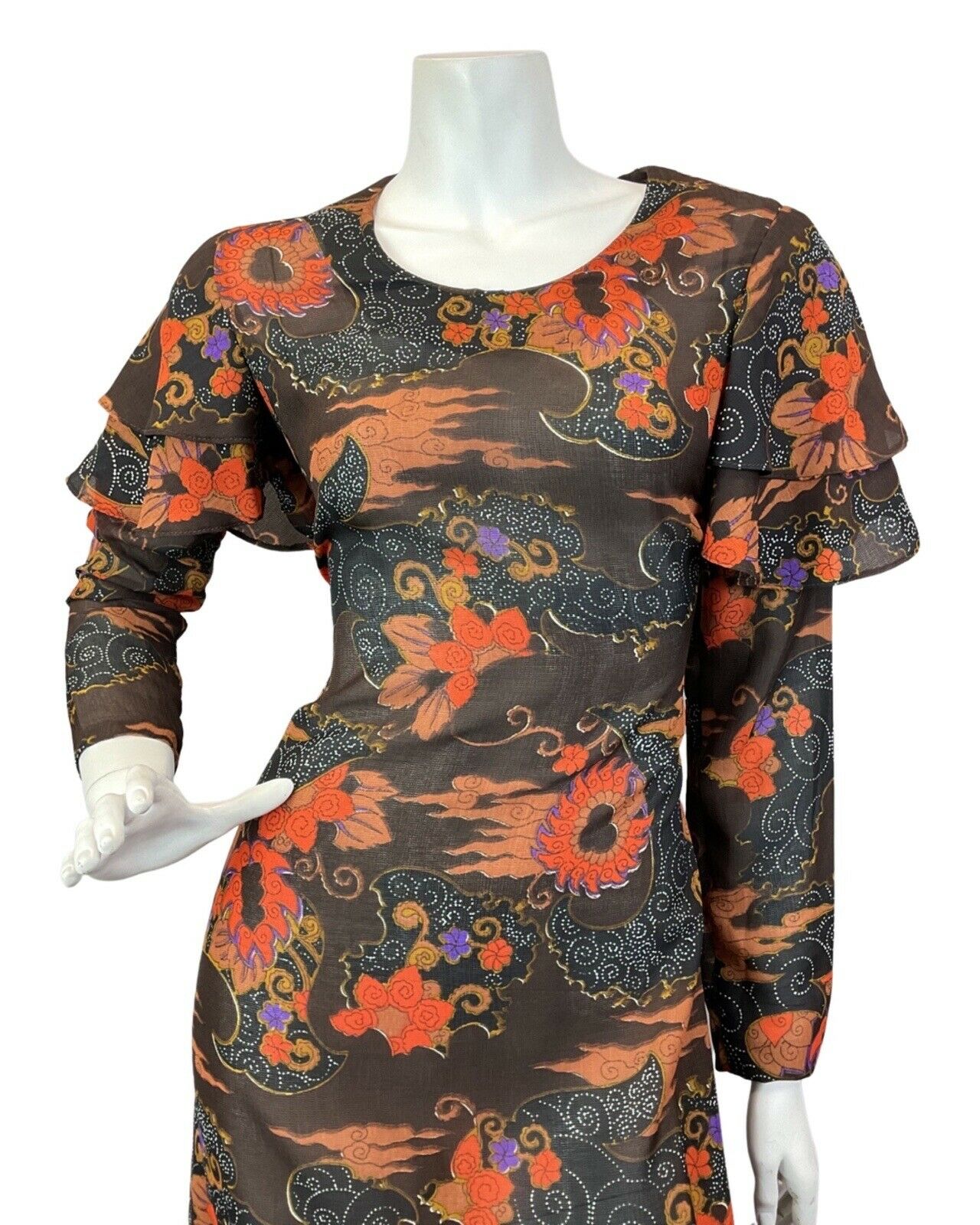 VINTAGE 60s 70s BROWN ORANGE BLACK PSYCHEDELIC SWIRL FLORAL MAXI DRESS 10