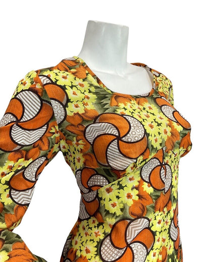 VINTAGE 60s 70s ORANGE YELLOW GREEN PSYCHEDELIC FLORAL SPIRAL MOD MAXI DRESS 12