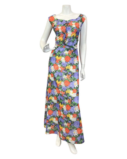 VINTAGE 60s 70s PURPLE GREEN RED ROSE DAISY FLORAL SLEEVELESS MAXI DRESS 16