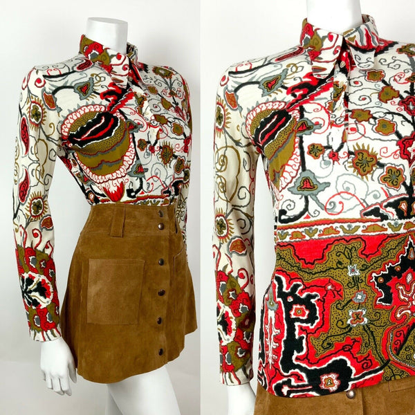 VINTAGE 60s 70s WHITE GOLD RED BLACK PSYCHEDELIC FLORAL DOG-EAR COLLAR BLOUSE 12