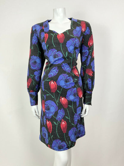 VINTAGE 60s 70s BLACK BLUE RED FLORAL ROSE TULIP LUREX PARTY GLAM DRESS 16 18