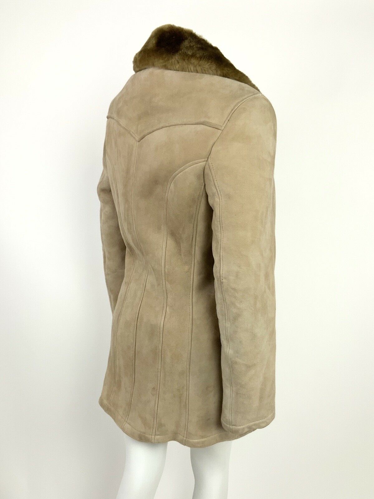 VTG 60s 70s BEIGE BROWN SUEDE LEATHER FUR TRIM SHEARLING HIPPY BOHO COAT 10 12