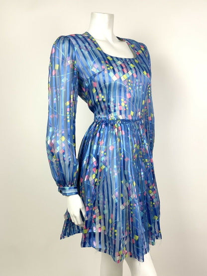 VINTAGE 60s 70s METALLIC BLUE WHITE PINK YELLOW STRIPED SQUARE SHEER DRESS 10