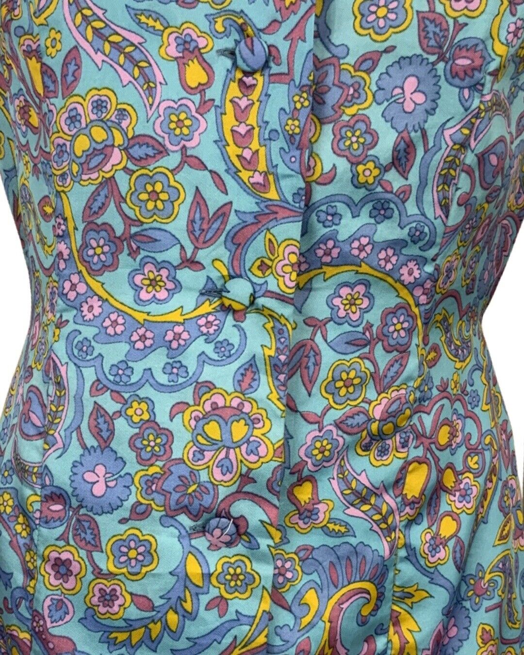 VINTAGE 60s 70s BLUE YELLOW PINK PURPLE PAISLEY PSYCHEDELIC MIDI PRINT DRESS 14