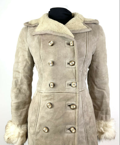 VINTAGE 60s 70s BEIGE CREAM DOUBLE-BREASTED SHEARLING PENNY LANE BOHO COAT 8 10