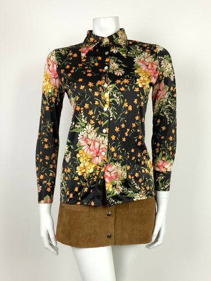 VTG 60s 70s BLACK PINK ORANGE GREEN FLORAL DITSY DAISY DAGGER COLLAR SHIRT 8 10