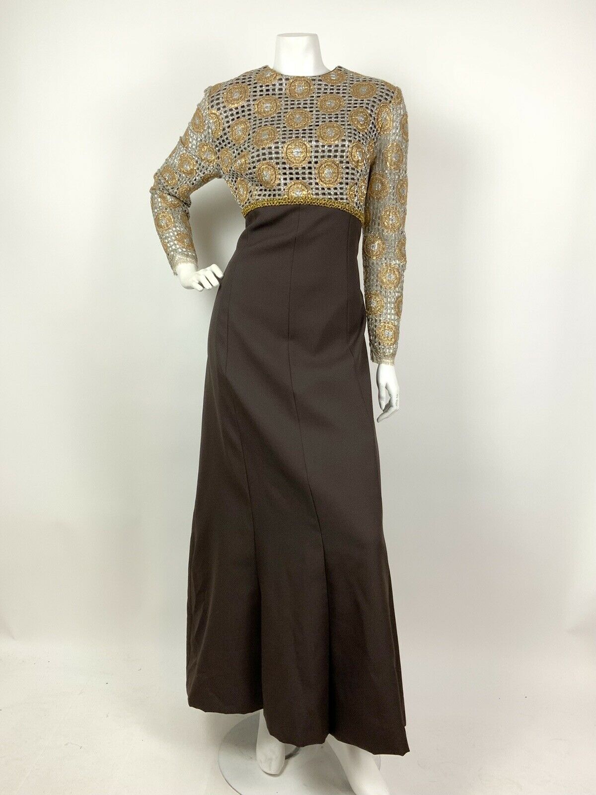 VINTAGE 60s 70s BROWN SILVER GOLD GEOMETRIC MESH PARTY DISCO MAXI DRESS 14 16