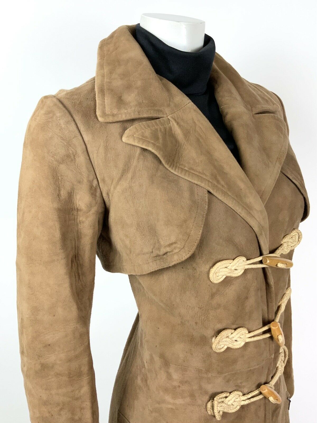 VINTAGE 60s 70s CAMEL BROWN SUEDE LEATHER FAUX FUR TOGGLE PRINCESS COAT 8 10