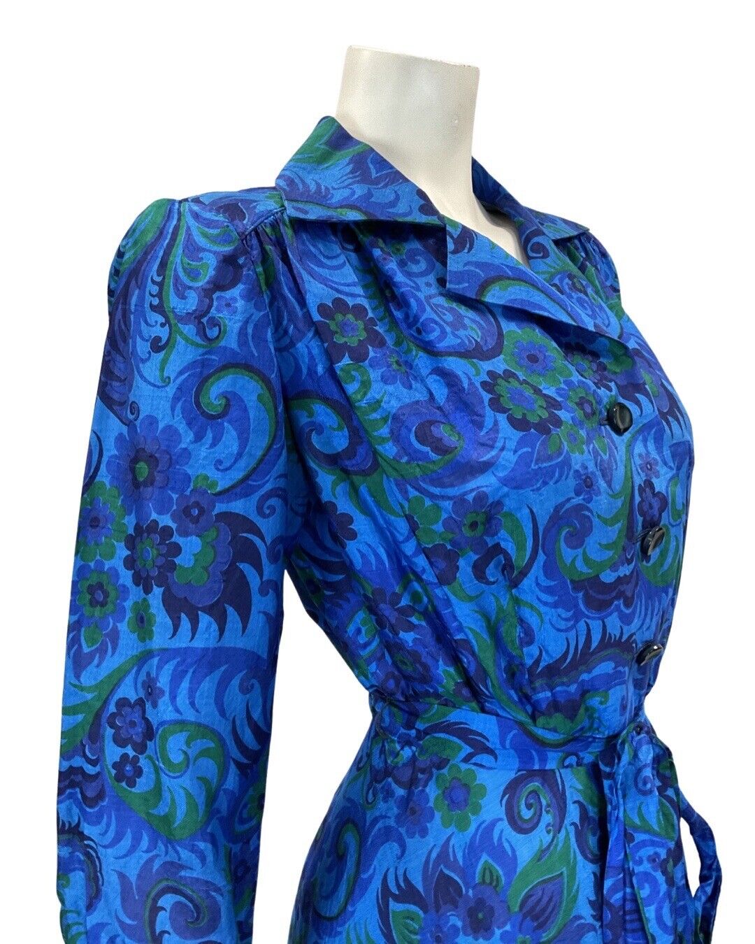 VINTAGE 60s 70s BLUE GREEN PSYCHEDELIC FLORAL FEATHER MOD SILK SHIRT DRESS 8 10