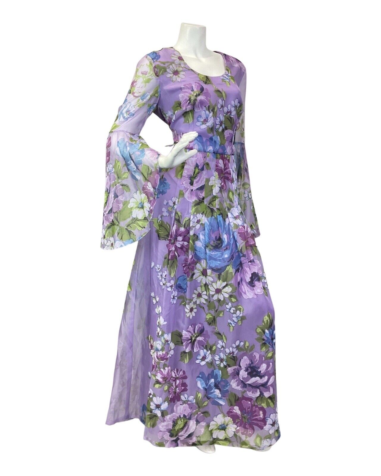 VINTAGE 60s 70s LILAC BLUE GREEN FLORAL SHEER FLOUNCE SLEEVE BOHO MAXI DRESS 12