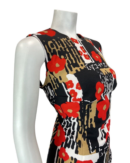 VTG 60s 70s BLACK WHITE RED PSYCHEDELIC FLORAL POPPY MOD SLEEVELESS DRESS 14 16