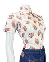 VTG 60s 70s WHITE ORANGE PURPLE FLORAL DOTTY DAGGER COLLAR SHIRT BLOUSE 10 12