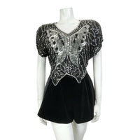 VINTAGE 70s BLACK SILVER SEQUIN BEADED BUTTERFLY DISCO STUDIO 54 GLAM TOP 10