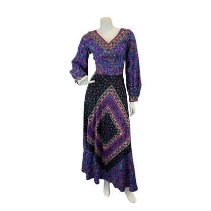 VINTAGE 60s 70s PURPLE BLACK TEAL PAISLEY FLORAL BOHO FOLK MAXI DRESS 10 12