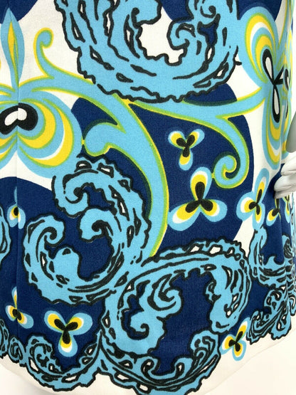 VINTAGE 60s 70s WHITE NAVY BLUE YELLOW PSYCHEDELIC FLORAL DRESS 10 12