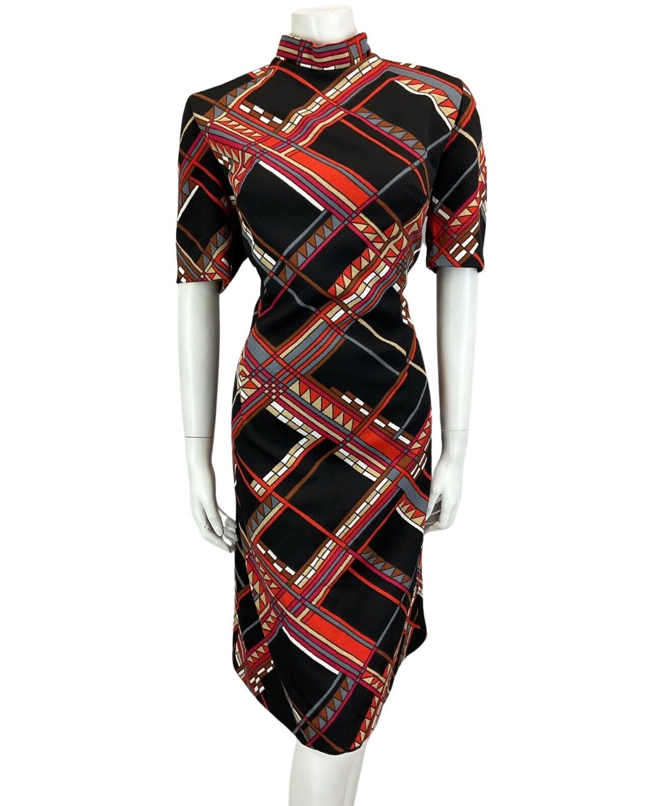 VINTAGE 60s 70s BLACK RED BROWN PSYCHEDELIC MOD MIDI DRESS 16