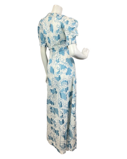 VINTAGE 60s 70s WHITE BLUE FLORAL SWIRLY MOD STRIPED SHEER MAXI DRESS 12