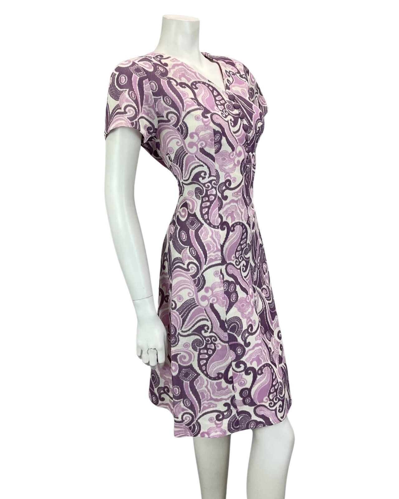 VINTAGE 60S 70S WHITE LILAC PURPLE PSYCHEDELIC BOHO MOD MINI DRESS 12 14