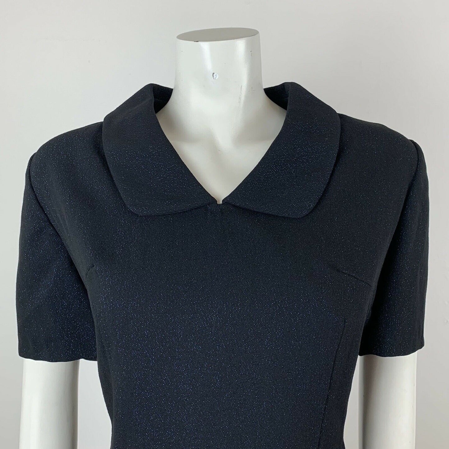 VINTAGE 60S BLACK BLUE GLITTER PETER PAN COLLAR DRESS 12