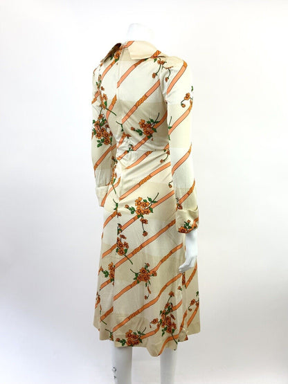 VINTAGE 60s 70s CREAM GOLD ORANGE STRIPED FLORAL ELEGANT WING COLLAR DRESS 8