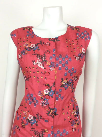 VINTAGE 60s 70s PINK FLORAL WHITE BLUE YELLOW SILK SUMMER DRESS 14