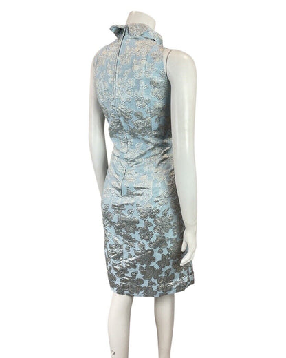 VINTAGE 60s 70s BLUE SILVER FLORAL EMBROIDERED PARTY GLAM STUDIO 54 DRESS 14