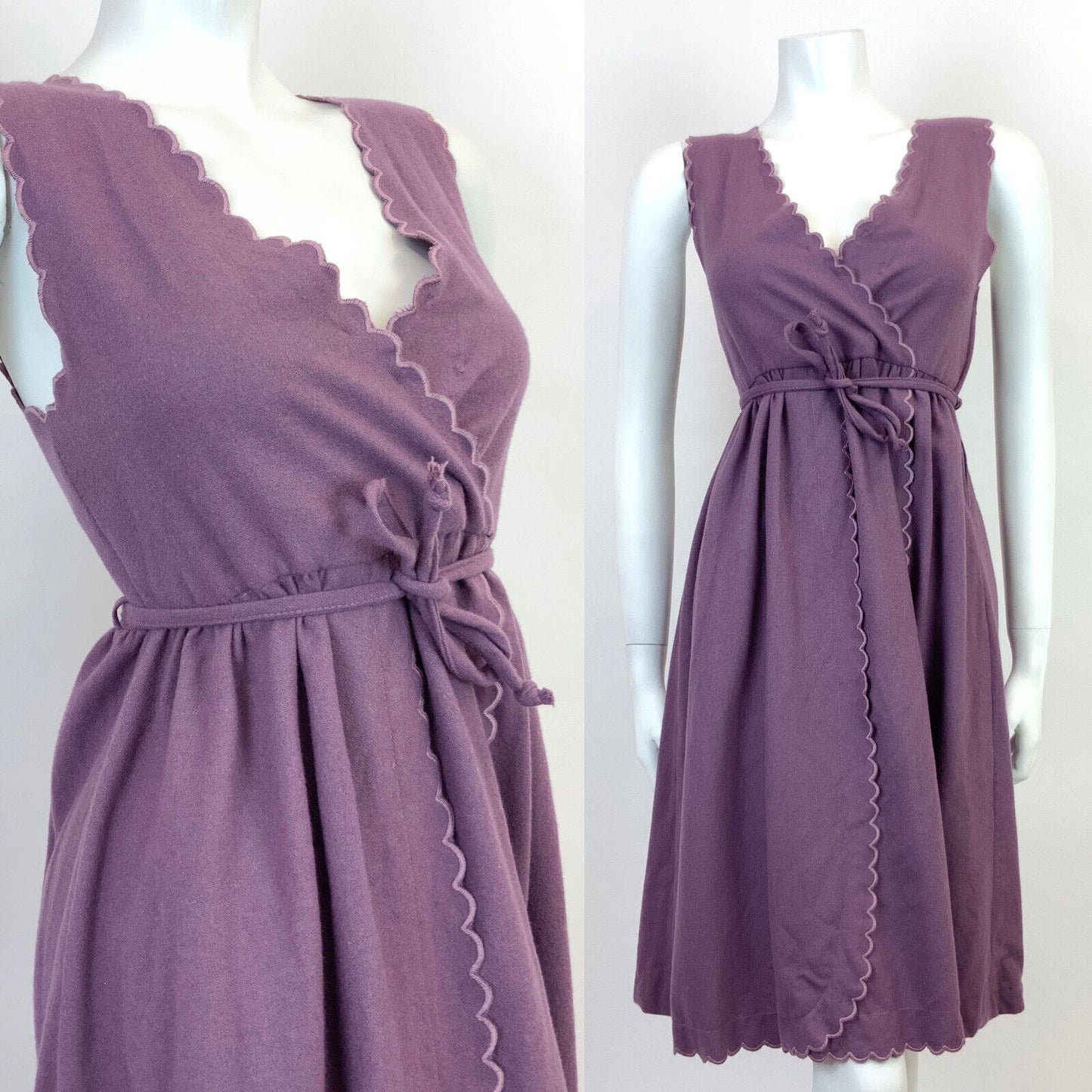 VINTAGE 60s 70s PURPLE SCALLOPED WRAP SLEEVELESS WOOL DRESS 8 10