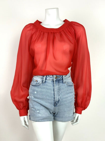 VINTAGE 70s ETHNIC PEASANT RED TOP BLOUSE SHEER RED 12 14 16