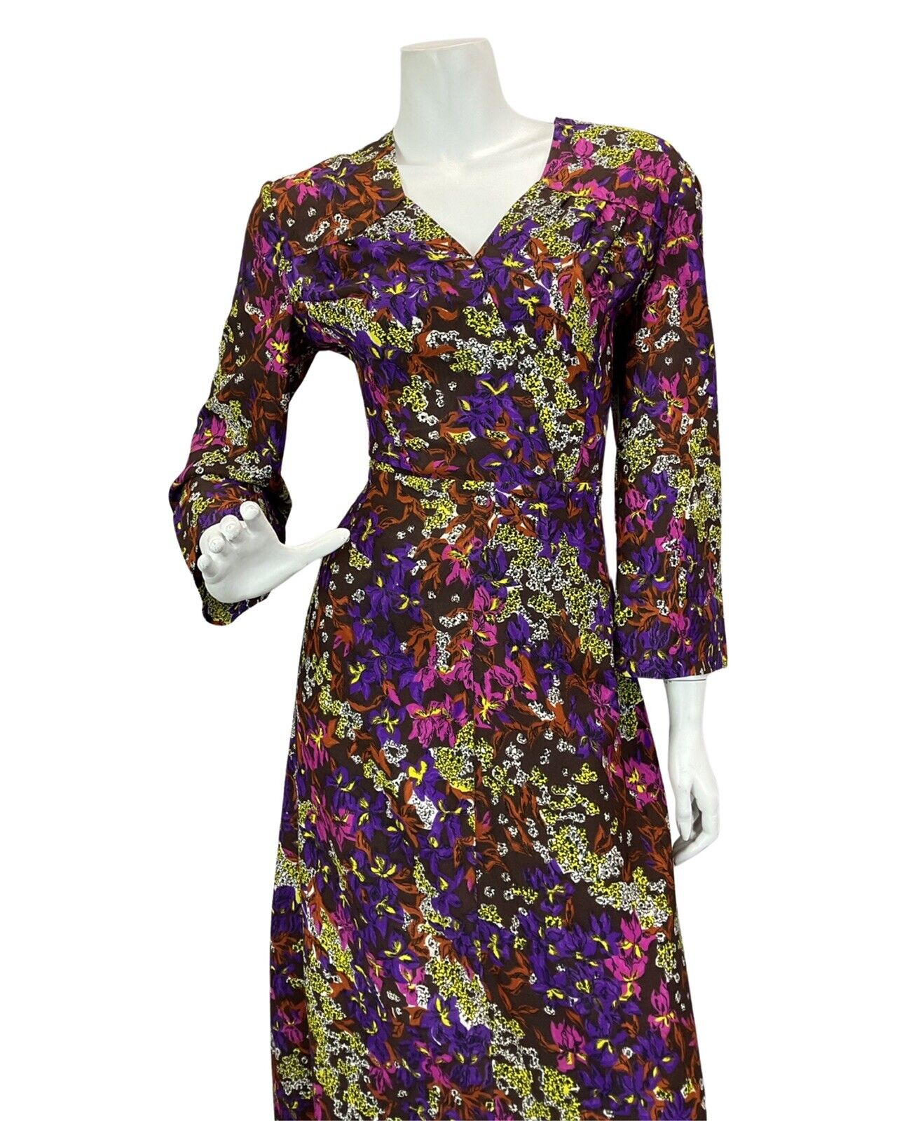 VINTAGE 60s 70s BROWN PURPLE YELLOW FLORAL PRINT MAXI DRESS 14