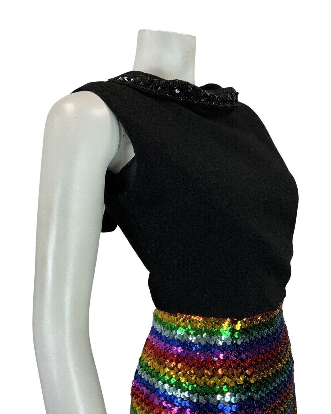 VINTAGE 60s 70s BLACK STRIPED RAINDOW SEQUIN MOD DISCO PARTY SLEEVELESS DRESS 8