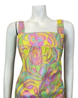 VTG 60s STYLE 90s GREEN YELLOW PINK PSYCHEDELIC SWIRL MOD EMPIRE SUN DRESS 6