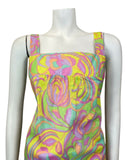 VTG 60s STYLE 90s GREEN YELLOW PINK PSYCHEDELIC SWIRL MOD EMPIRE SUN DRESS 6