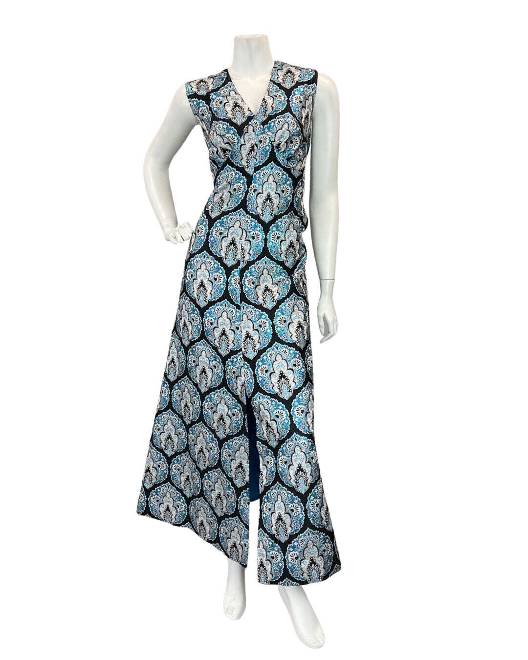 VINTAGE 60s 70s BLUE BLAXK SILVER BROCADE MANDALA STUDIO 54 GLAM MAXI DRESS 8