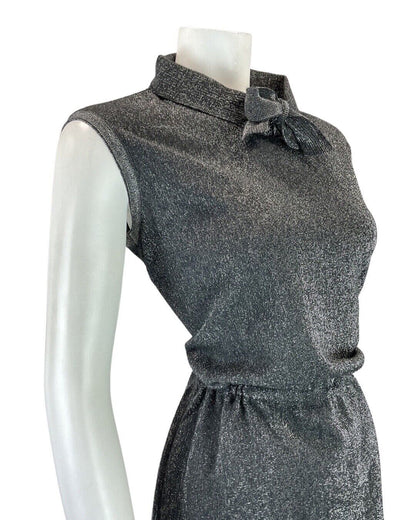 VINTAGE 60s 70s GREY SILVER LUREX GLITTER DISCO PARTY MOD SLEEVELESS DRESS 10 12