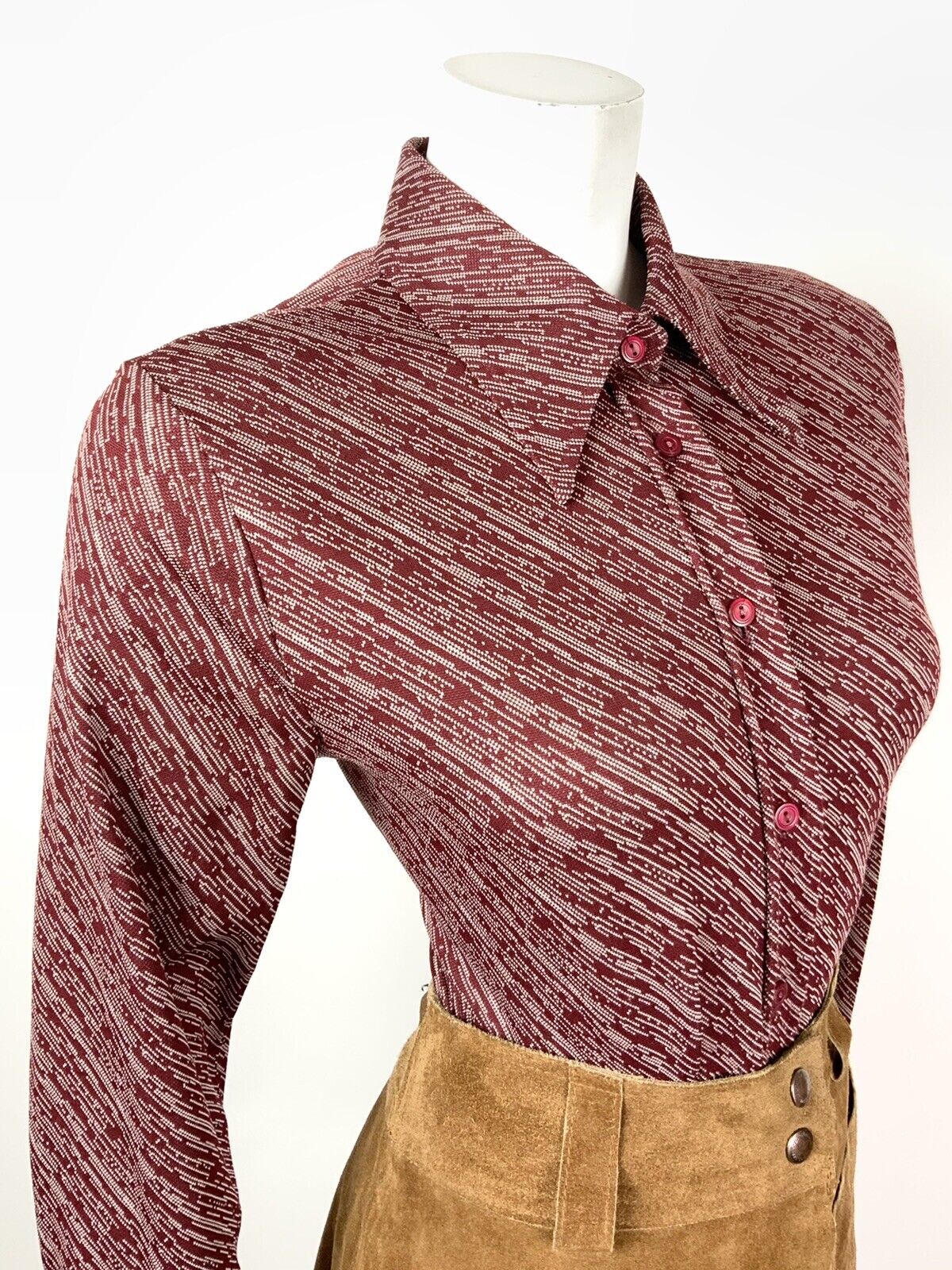 VINTAGE 60s 70s WINE RED WHITE STRIPED DAGGER COLLAR MOD SHIRT BLOUSE 16 18