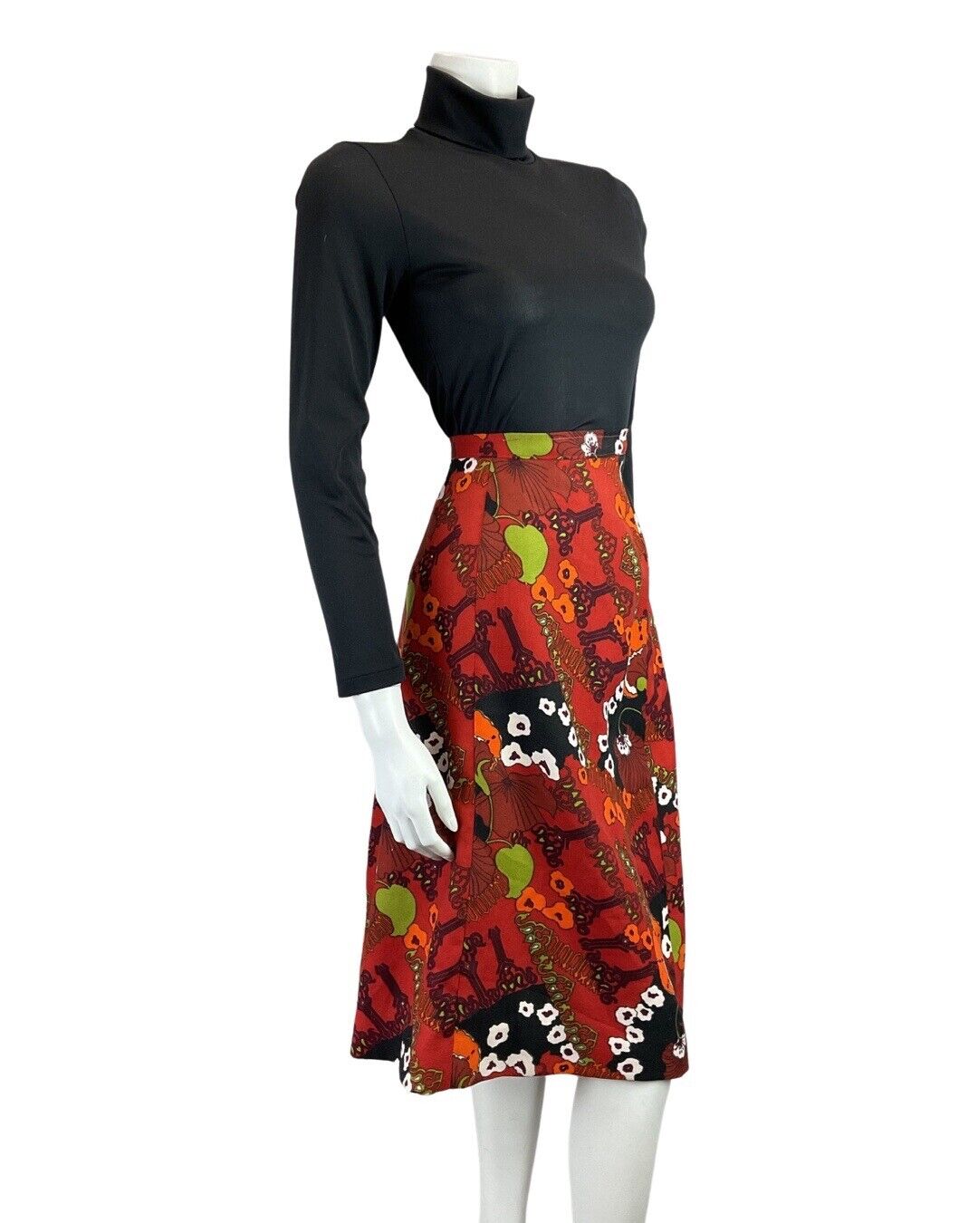 VINTAGE 60s 70s RED BLACK GREEN PSYCHEDELIC FLORAL MOD MIDI SKIRT 12 14