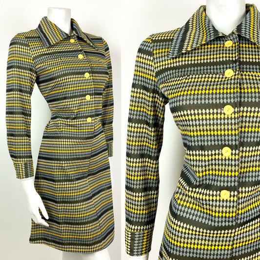 VINTAGE 60s 70s BLACK BLUE YELLOW STRIPED DOTTY DAGGER SHIRT SHIFT DRESS 8 10