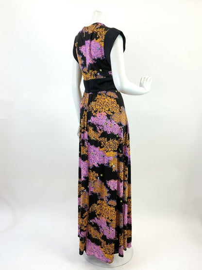 VINTAGE 60s 70s BLACK YELLOW PURPLE FLORAL PSYCHEDELIC MAXI DRESS 8 10