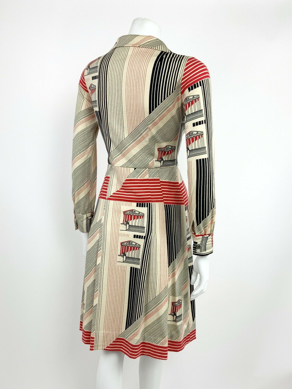 VTG 60s 70s CREAM BLACK RED STRIPED PANTHEON ROMAN PARISIAN SHIRT DRESS 8