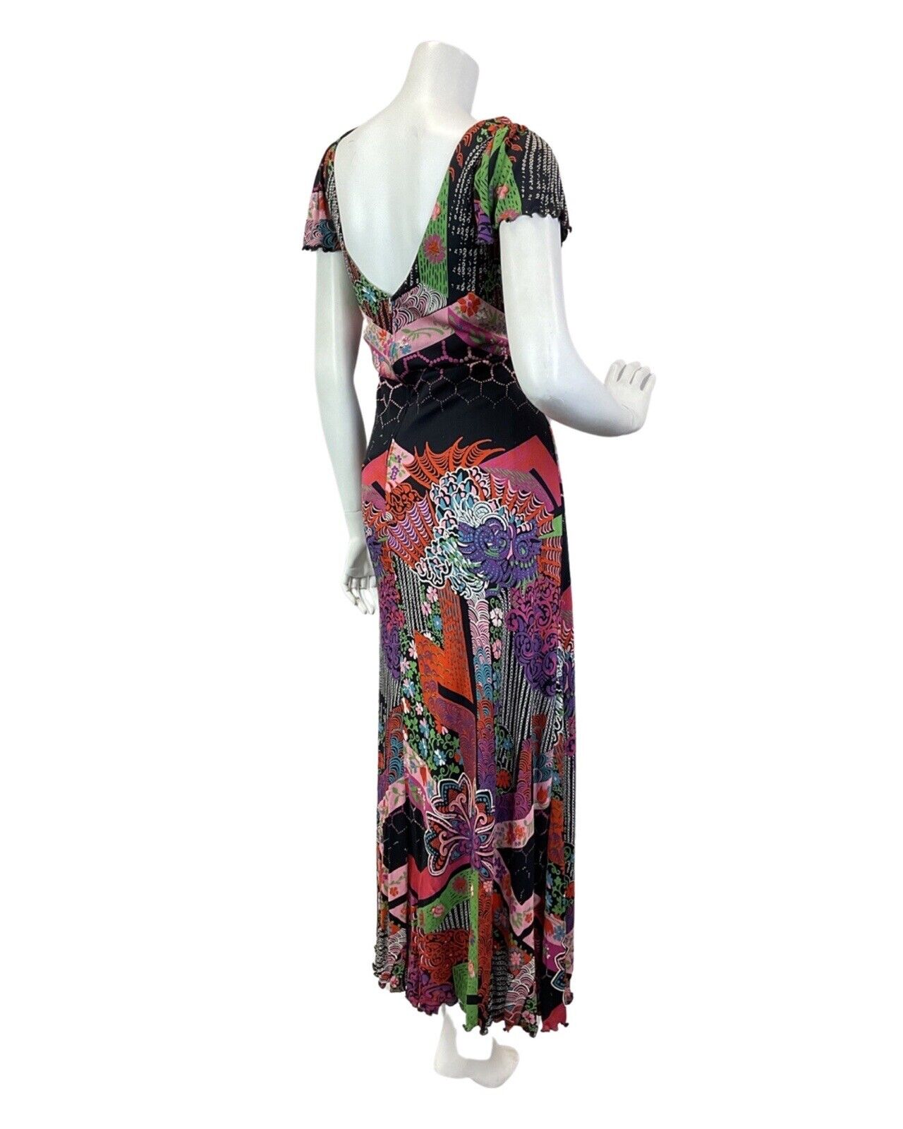 VINTAGE 60s 70s BLACK ORANGE PURPLE PSYCHEDELIC DOTTY FLORAL MAXI DRESS 14