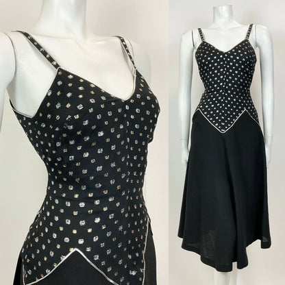 VINTAGE 60s 70s BLACK SILVER GOLD DOTTY DISCO STUDIO 54 STRAPPY SWING DRESS 10