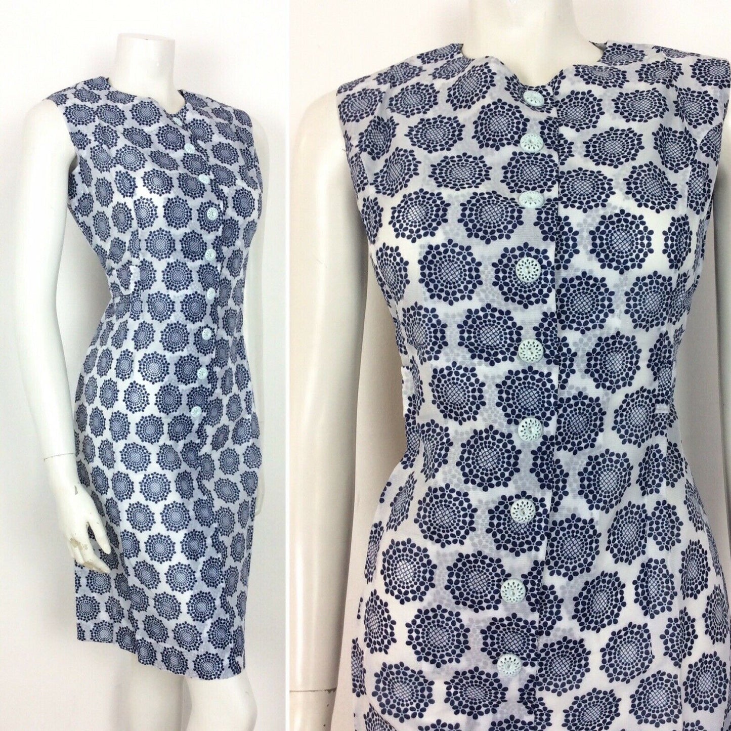 VTG 60S 70S BLUE WHITE FLOWER GEOMETRIC PRINT BUTTON UP DRESS 12