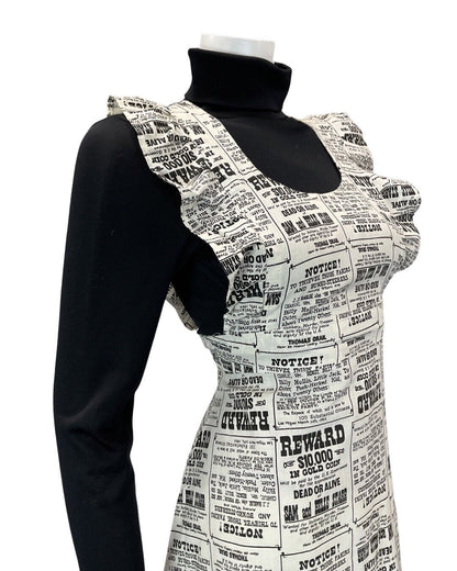 VINTAGE 60s 70s WHITE BLACK NEWSPAPER WANTED POSTER APRON PINAFORE DRESS 10 12