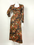 VTG 60s 70s BLACK ORANGE RED GOLD GLITTER LUREX FLORAL SWEETHEART MAXI DRESS 8