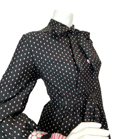 VINTAGE 60s 70s BLACK WHITE PINK HALFTONE DOTTY PUSSYBOW SHIRT MAXI DRESS 12 14