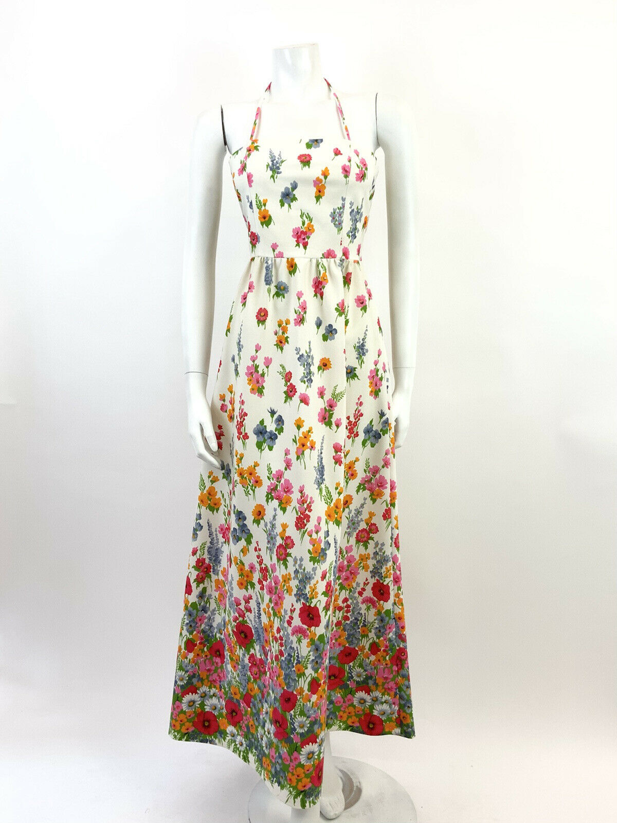 VINTAGE 60s 70s WHITE PINK BLUE ORANGE FLORAL POPPY GARDEN HALTER MAXI DRESS 4 6